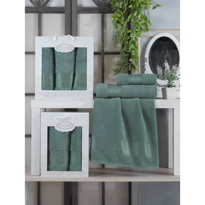  Набір рушників Gulcan Cotton — Ornament Green 50*90 (2 шт.)+70*140 (1 шт.)