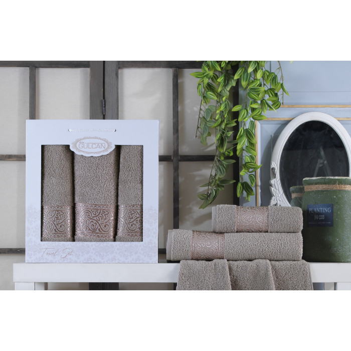  Набір рушників Gulcan Cotton — Ornament Capuccino 50*90 (2 шт.)+70*140 (1 шт.)