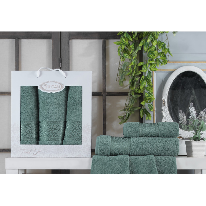  Набір рушників Gulcan Cotton — Ornament Green 50*90 (2 шт.)+70*140 (1 шт.)